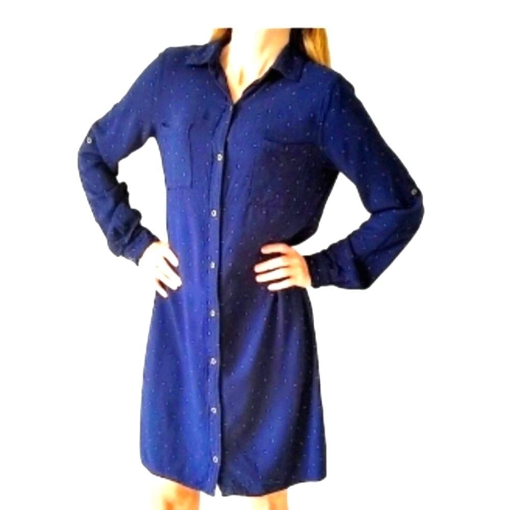 Max Jeans Button Up Shirtdress Navy Blue with Chevron Pattern Size Large